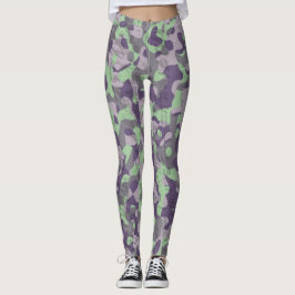 green and purple camo abstract leggings