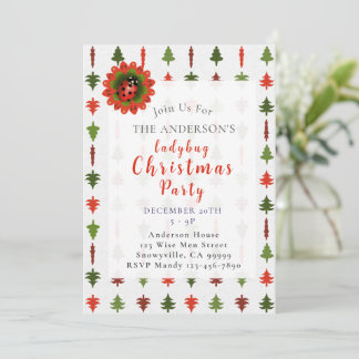 Green and Red Christmas Trees Ladybug Party Einladung