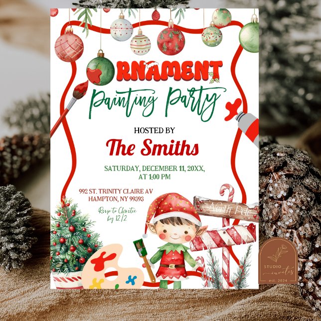 Green and Red Retro Kid's Ornament Painting Party Einladung (Von Creator hochgeladen)