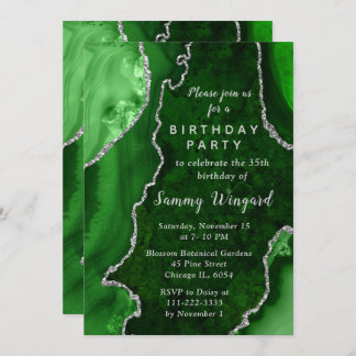 Green and Silver Agate Marble Birthday Party Einladung