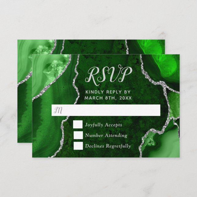 Green and Silver Agate Marble RSVP Karte (Vorne/Hinten)