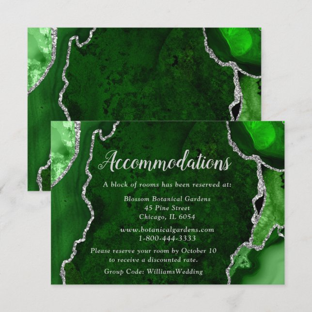 Green and Silver Agate Wedding Accommodations Begleitkarte (Vorne/Hinten)