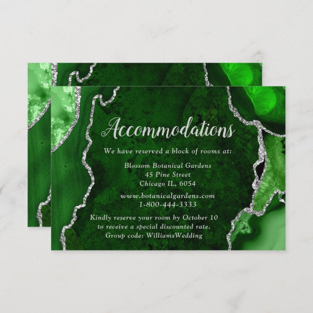 Green and Silver Agate Wedding Accommodations Begleitkarte (Vorne/Hinten)