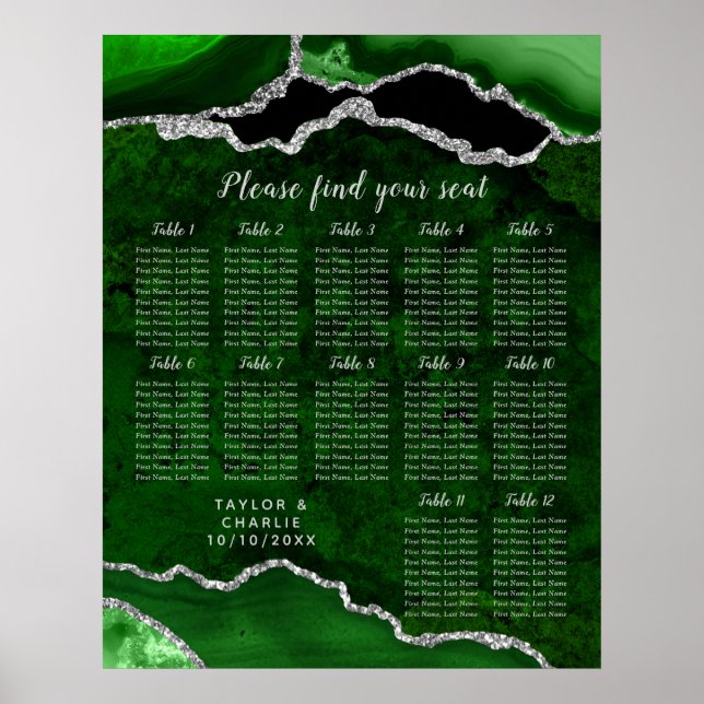 Green and Silver Agate Wedding Seating Chart Poster (Vorne)