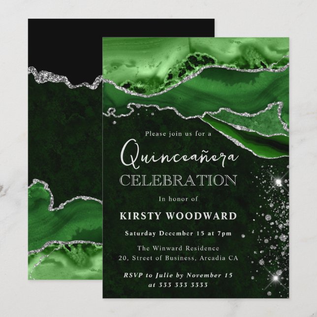 Green and Silver Glitter Agate Quinceanera Einladung (Vorne/Hinten)