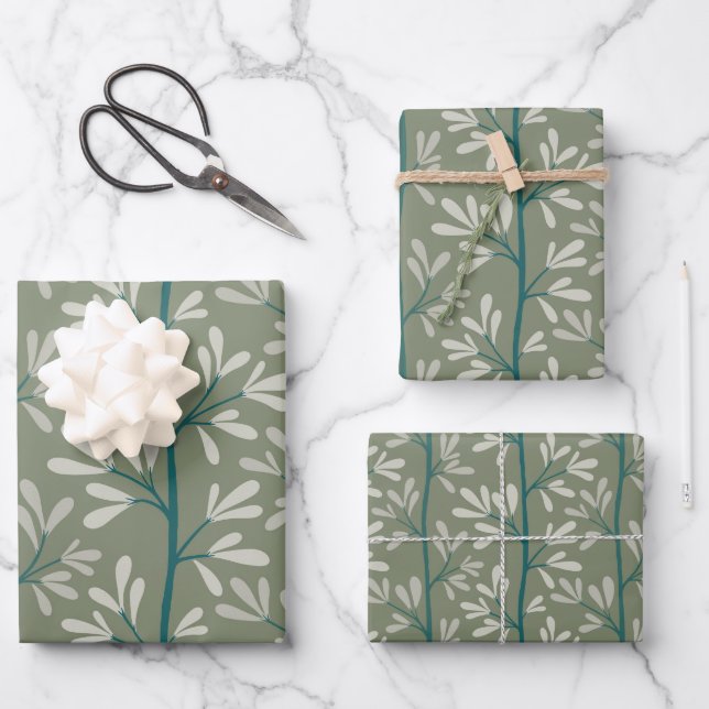 Green and Teal Garden Stems Modern Botanical Geschenkpapier Set (Vorderseite)