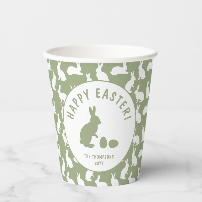 Green And White Bunny Rabbit Pattern Happy Easter Pappbecher (Vorderseite)