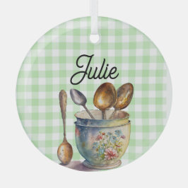 "Green and White Checkered - Spoons in Cup Ornament Aus Glas