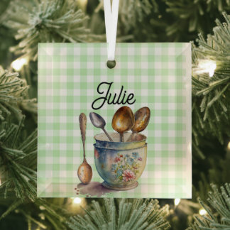 "Green and White Checkered - Spoons in Cup Ornament Aus Glas