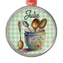 "Green and White Checkered - Spoons in Cup