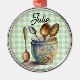 "Green and White Checkered - Spoons in Cup Ornament Aus Metall