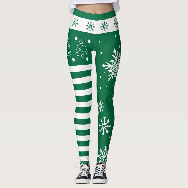 Green and White Christmas Leggings with Snowflakes (Vorderseite)