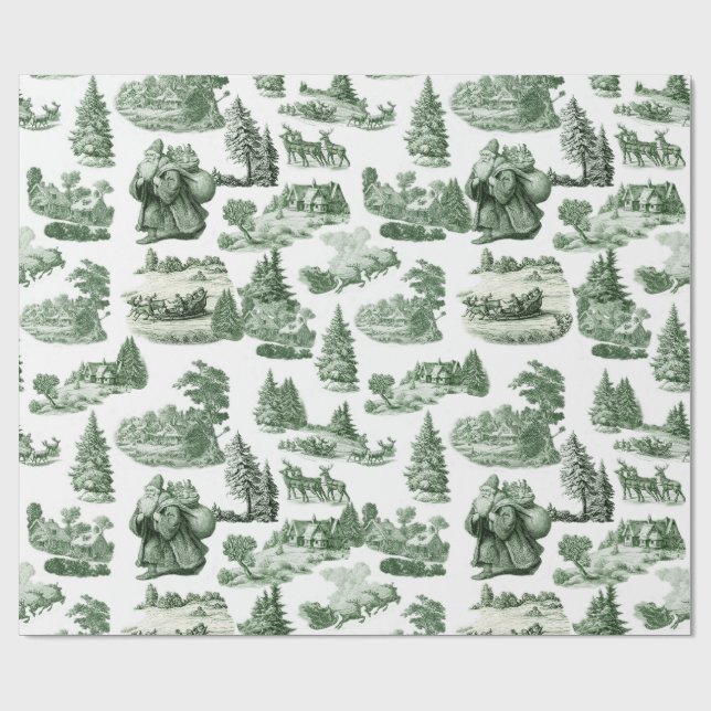 Green and White Christmas Toile Aesthetic Geschenkpapier (Flach)