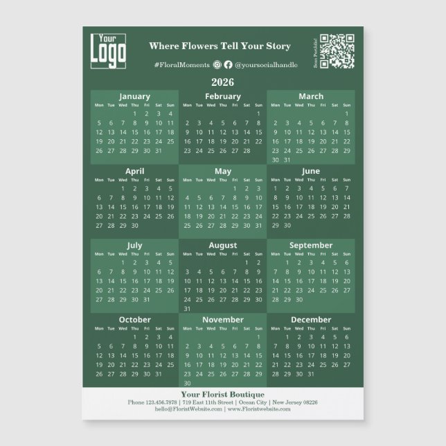 Green and White Custom Logo 2026 Calendar Magnet (Vorderseite)