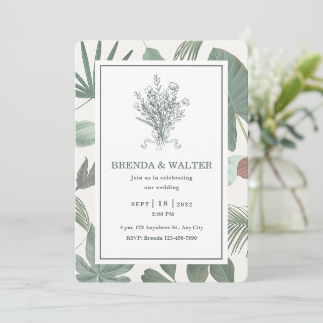 Green and White Floral Rustic Wedding Invitation Einladung (Stehend Vorderseite)