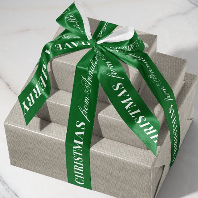 Green and White Mixed Font Merry Christmas Gift Satinband (custom Merry Christmas gift satin ribbon with personalized name text in white)
