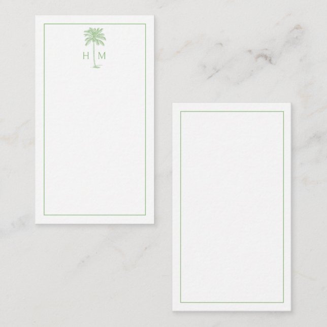 Green and White Palm Palmetto Tree Monogram Mitteilungskarte (Vorne/Hinten)