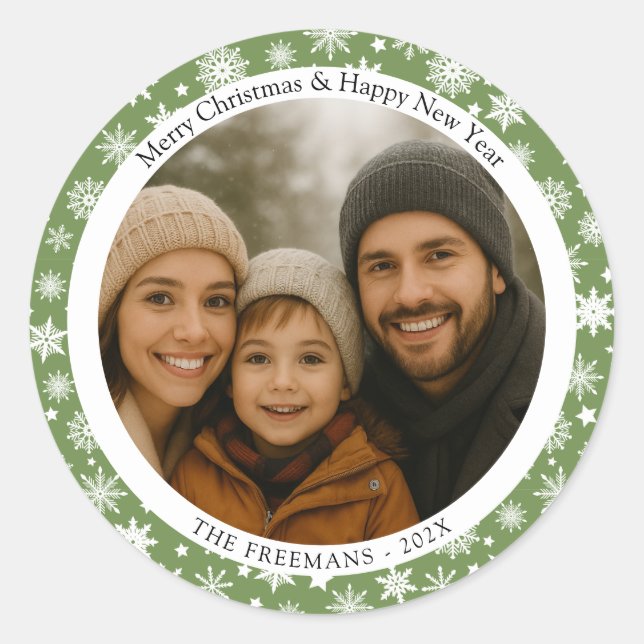 Green and White Snowflakes Holiday Photo Runder Aufkleber (Vorderseite)