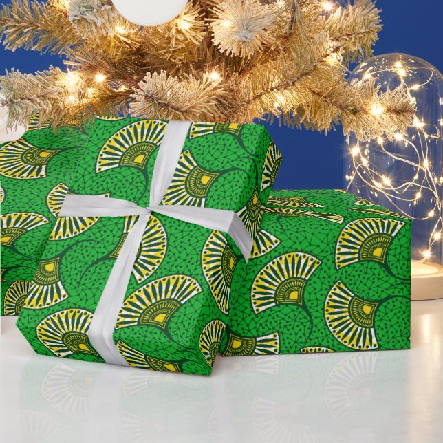 Green And Yellow Ankara Fan Print Wrapping Paper Geschenkpapier (Feiertage)