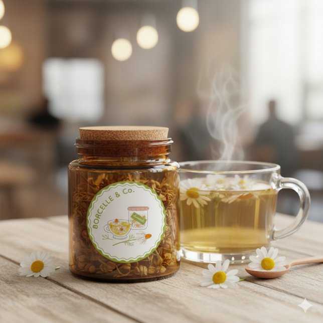 Green and Yellow Floral Chamomile Herbal Tea  Runder Aufkleber (Green and Yellow Floral Chamomile Herbal Tea Classic Round Sticker)