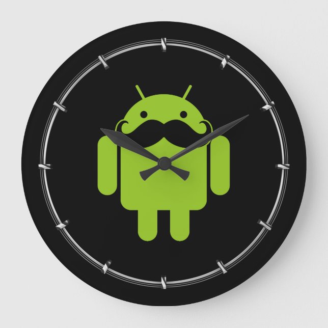 Green Android Robot Mustache auf Black Große Wanduhr (Vorderseite)