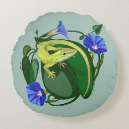 Green Anole with Morning Glory Rundes Kissen
