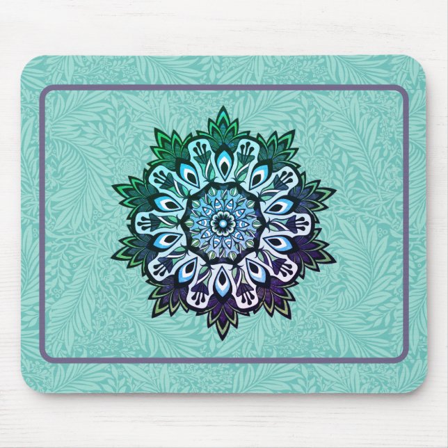 Green Aqua Blue Blume Mandala Boho Mousepad (Vorne)