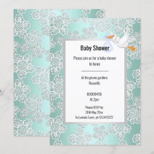 GREEN AQUA LACE DETAIL WHITE STORK BABY DUSCHE EINLADUNG
