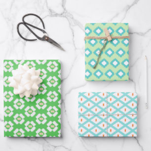 Green, Aqua & Mint Tribal Diamond Ikat Muster Geschenkpapier Set