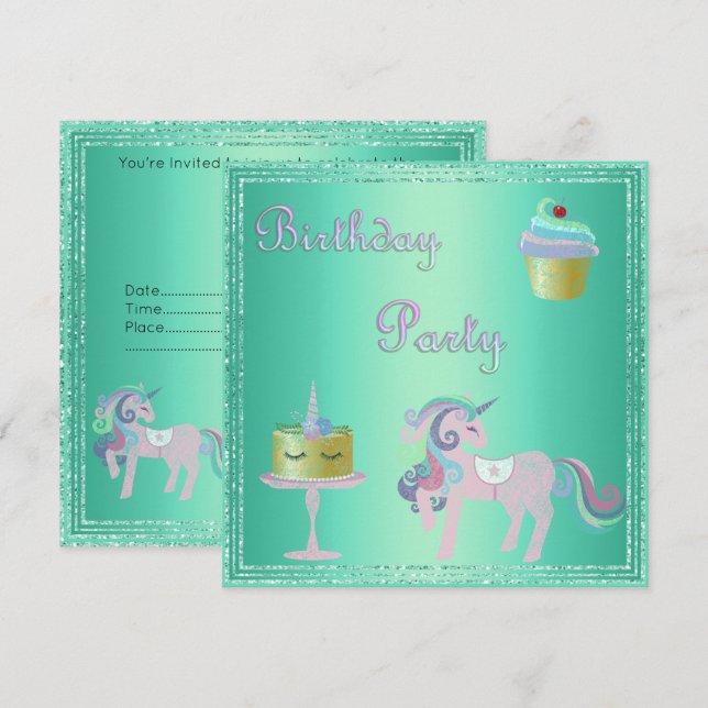 Green Aqua Unicorn Cake BIRTHDAY PARTEI Einladung (Vorne/Hinten)