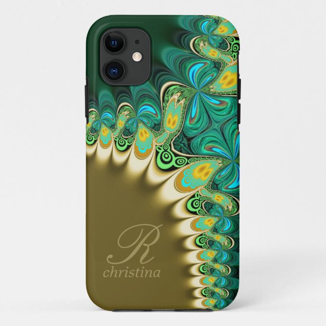 Green Aquamarin & Gold Lace Fraktale Monogram iPho Case-Mate iPhone Hülle (Rückseite)