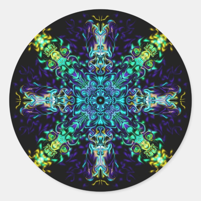 Green Aquamarin Psychedelic Bohemisch Mandala Runder Aufkleber (Vorderseite)