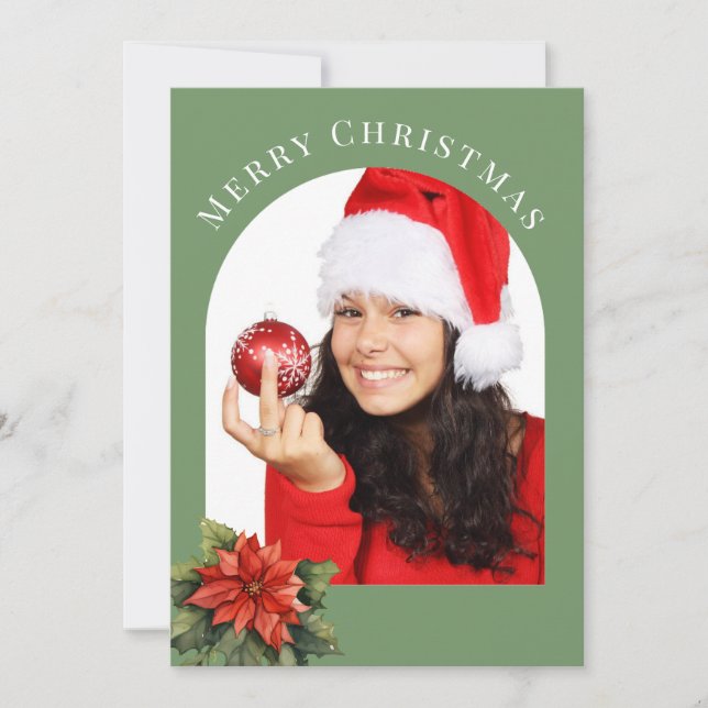 GREEN ARCHED FOTO POINTSETTIA CHRISTMAS FEIERTAGSKARTE (Vorderseite)
