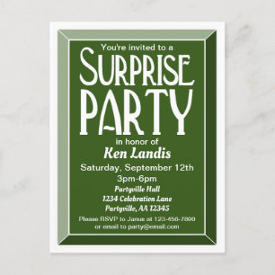 Green Art Deco Beveled Birthday Surprise Party Einladungspostkarte