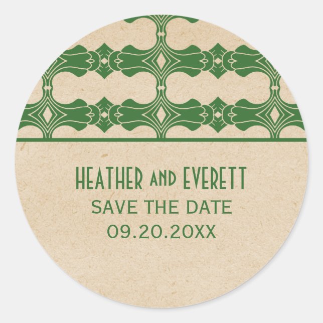 Green Art Deco Border Save the Date Stickers (Vorderseite)