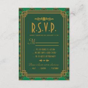 Green Art Deco Wedding RSVP Cards