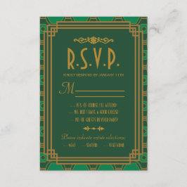 Green Art Deco Wedding RSVP Cards Karte