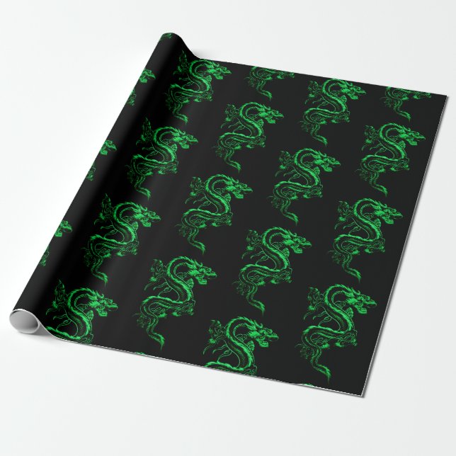 Green Asian Dragon Geschenkpapier (Ungerollt)