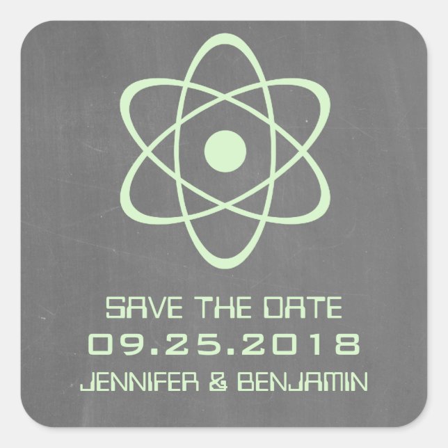 Green Atomic Chalkboard Save the Date Stickers (Vorderseite)