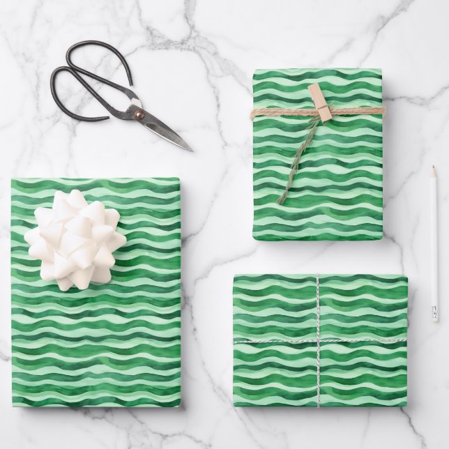 Green auf Green Watercolor Wavy Lines Geschenkpapier Set (Vorderseite)