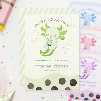 Green Axolotl Bubble Boba Tee Kindergeburtstag Einladung