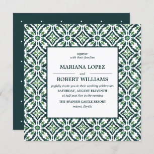 Green Azulejo Spanish Tile Pattern Wedding Einladung