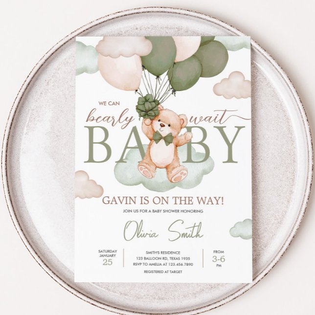 Green Baby Bear Balloon Babydusche Einladung (Green Bearly Wait Baby Bear Balloon Baby Shower Invitation
)