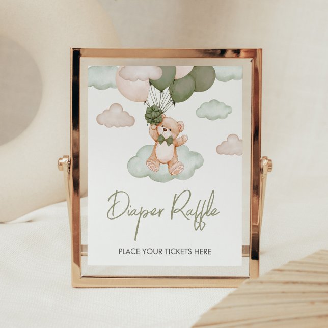Green Baby Bear Balloon Babydusche Windelwanne Poster (Green Bear Balloon Bearly Wait Baby Shower Diaper Raffle Sign)