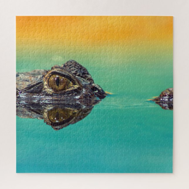 Green Baby Crocodile in Water mit Blau und Orange Puzzle (Vertikal)