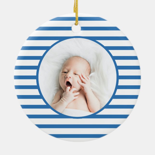 Green Baby Dino | First Christmas Blue Stripe Chic Keramik Ornament (Hinten)