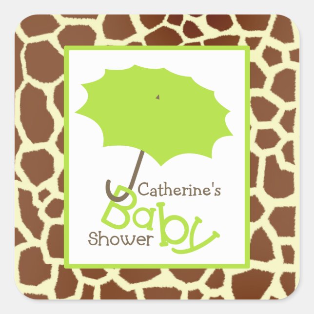 Green Baby Dusche Regenschirm & Giraffe Print Quadratischer Aufkleber (Vorderseite)