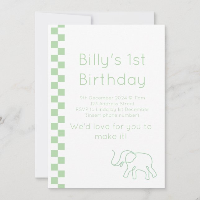 Green Baby Elephant zum Geburtstag Einladung (Vorderseite)