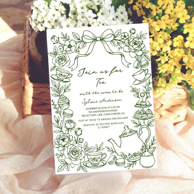 green baby shower tea bow hand drawn einladung (Von Creator hochgeladen)