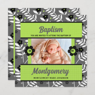 Green Baby Taufen mit Monogram und Foto Einladung